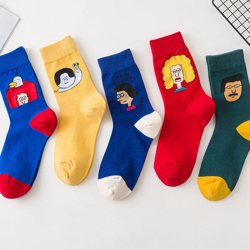 

Women Crew Socks Cartoon Human Head Print Personalized Color Matching Trend Wearing Durable Street Art Ladies Cotton Socks K106