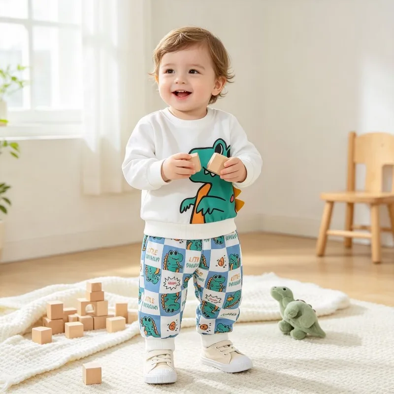 2Pcs Boys Fall Outfit Cartoon Dinosaur Print Long Sleeve Sweatshirt Checkered Pants Kids Casual Wear Children Clothing Set