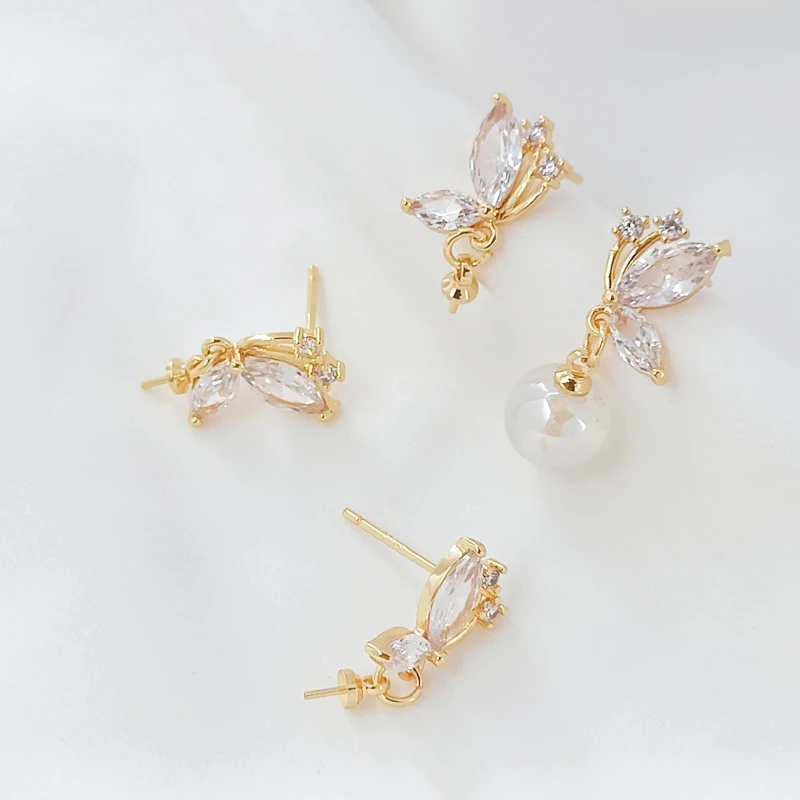1 Pair Brass Coated Gold Inlaid Zircon Crystal Flower Bud Butterfly with Hanging Ear Needle DIY Jewelry Making Accessory