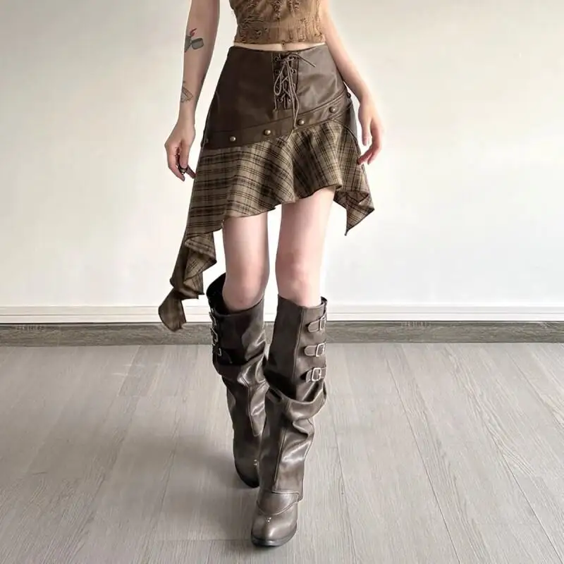 Hot Lace Wasteland Irregular American Plaid Niche Short Skirt Retro Design Midi Skirt Long Skirt Patchwork Hot Girl Cute Kawaii
