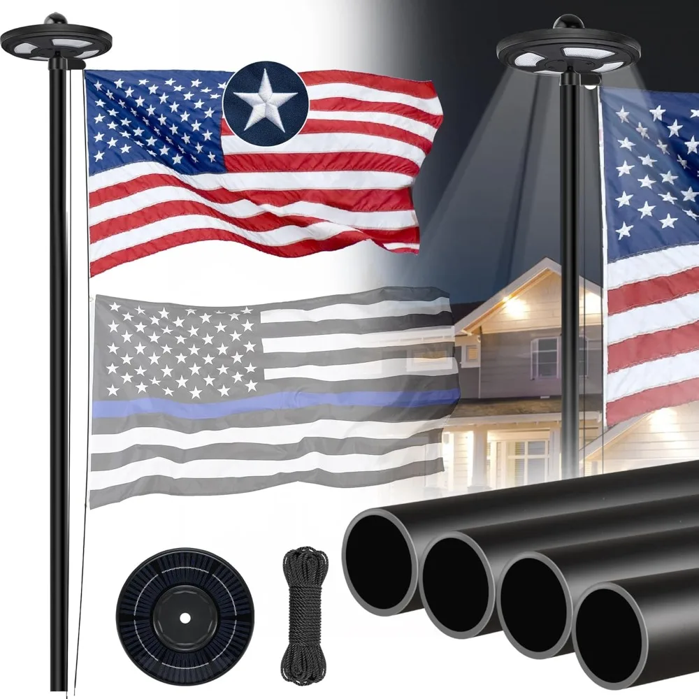 20FT Black Flag Pole Kit with Solar Light in Ground, 12 Gauge Extra Thick Aluminum Flagpole withTearProof Embroidered American