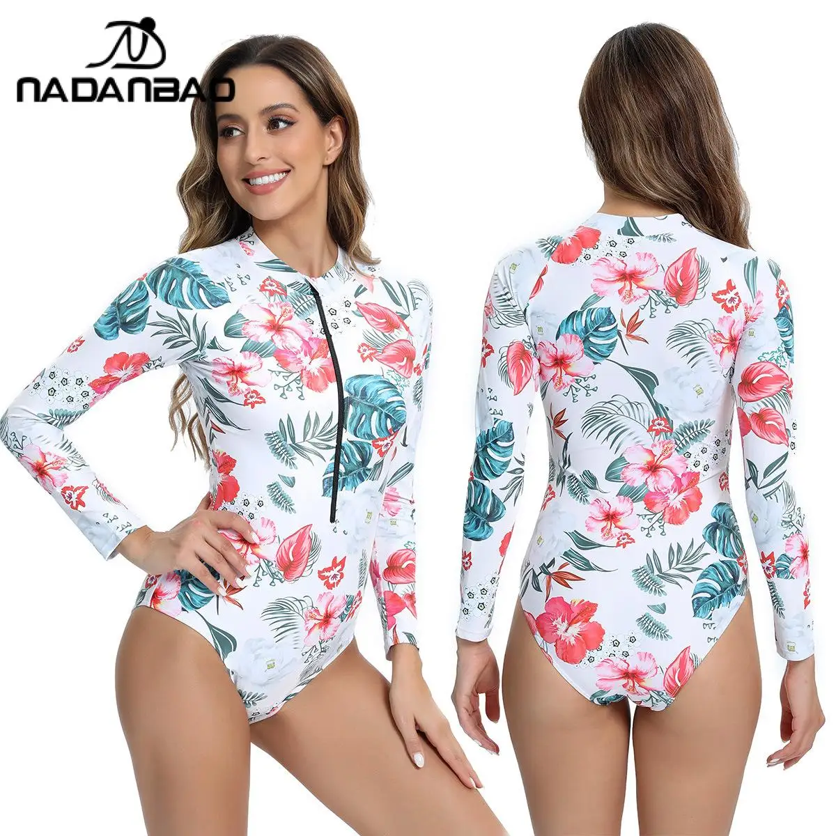 Nadanbao Tropical Floral Marble Print Swimwear Long Sleeve Zipper Bodysuit Women Elastic Slim One Piece Swimsuit Sports Surfing