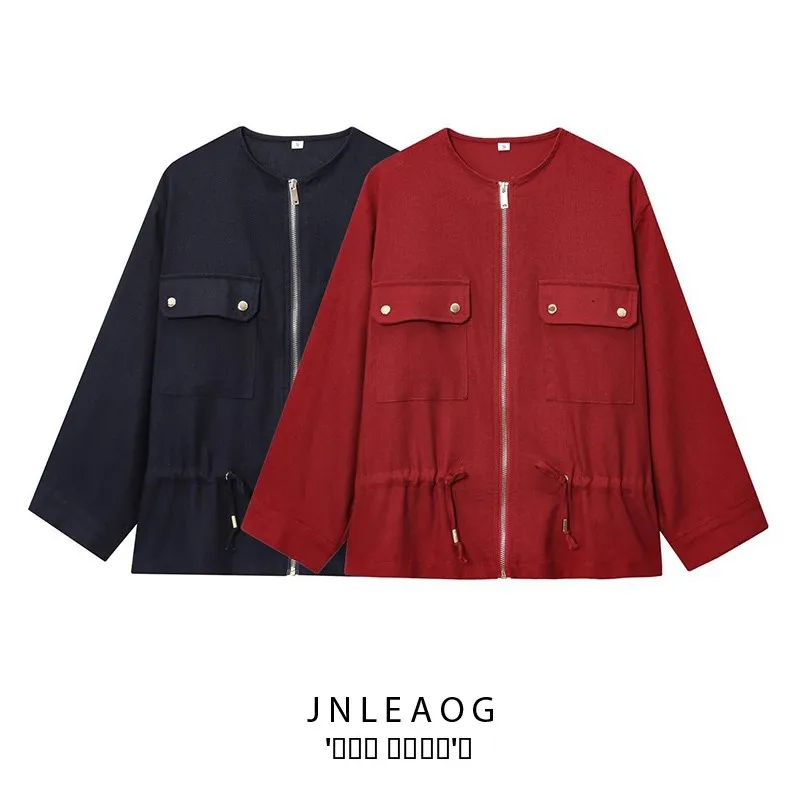 JNLEAOG ربيع جديد للمرأة Faion مزيج الكتان الصيد Jaet 799472440 البوليستر طويل Sve سستة مستديرة لون نقي #1