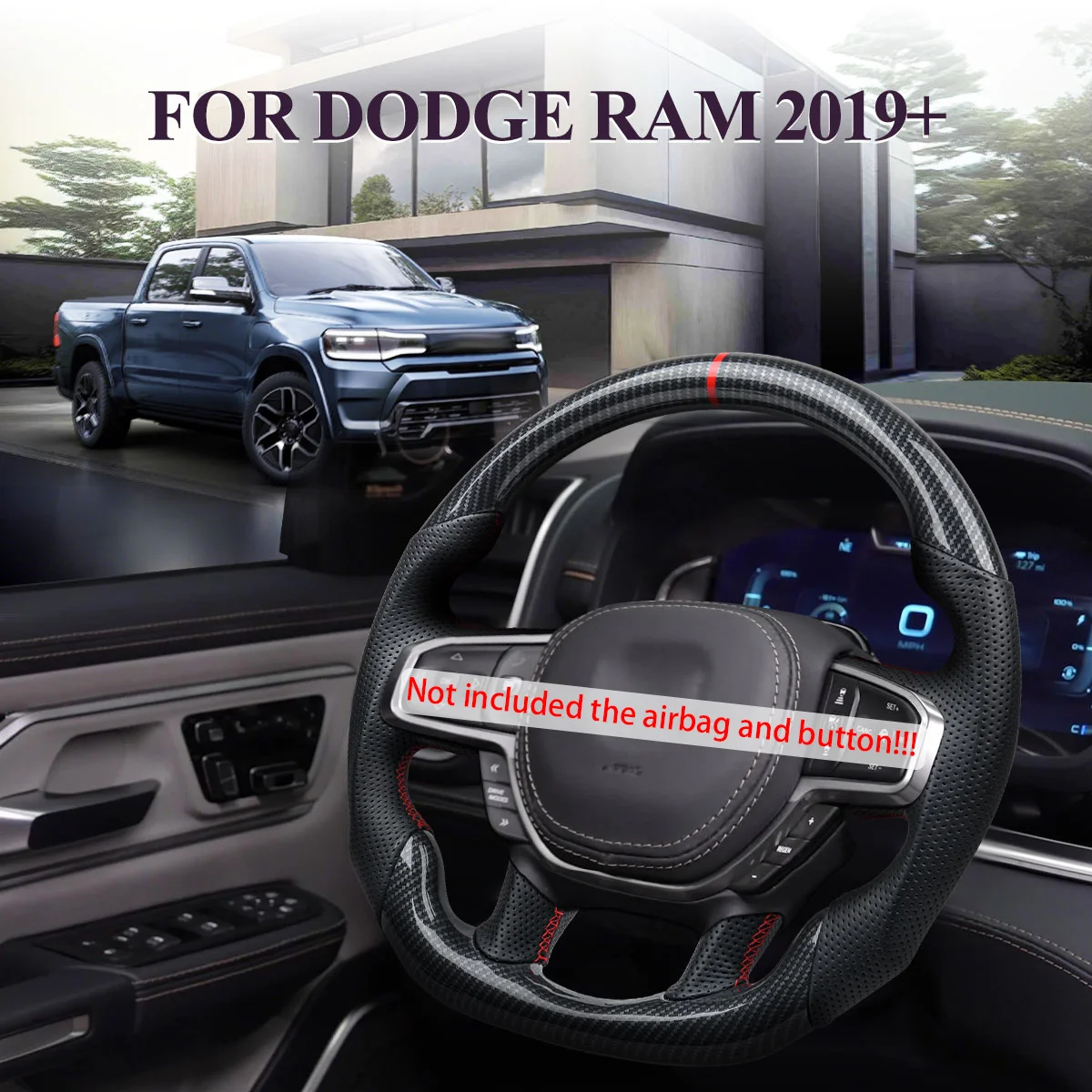 For Dodge Ram 1500 2500 2019 2020 2021 2022 2023 2024 Perforated Leather Steering Wheel Hydro Carbon Fiber Racing Wheel