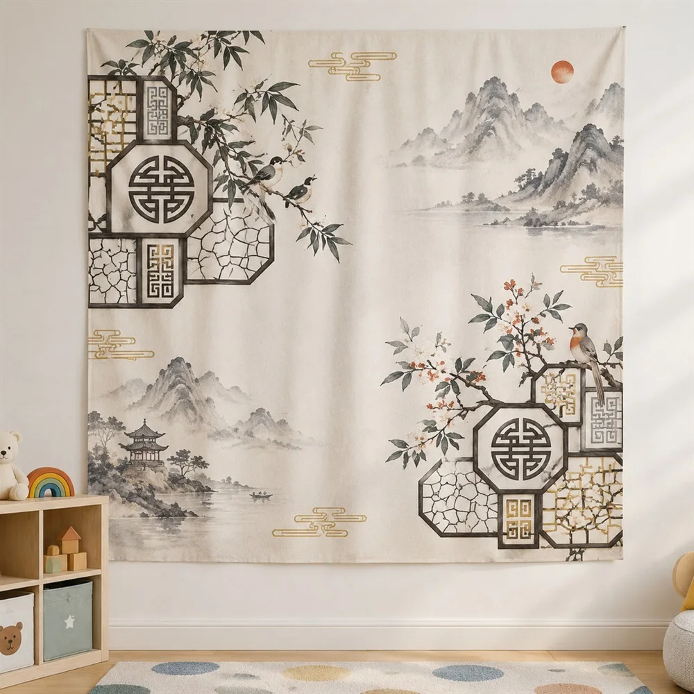 VIKAMA Chinese Lattice Window Clustered Groups Tapestry Wall Hanging, Oriental Wall Decor Tapestries for Living Room Bedroom