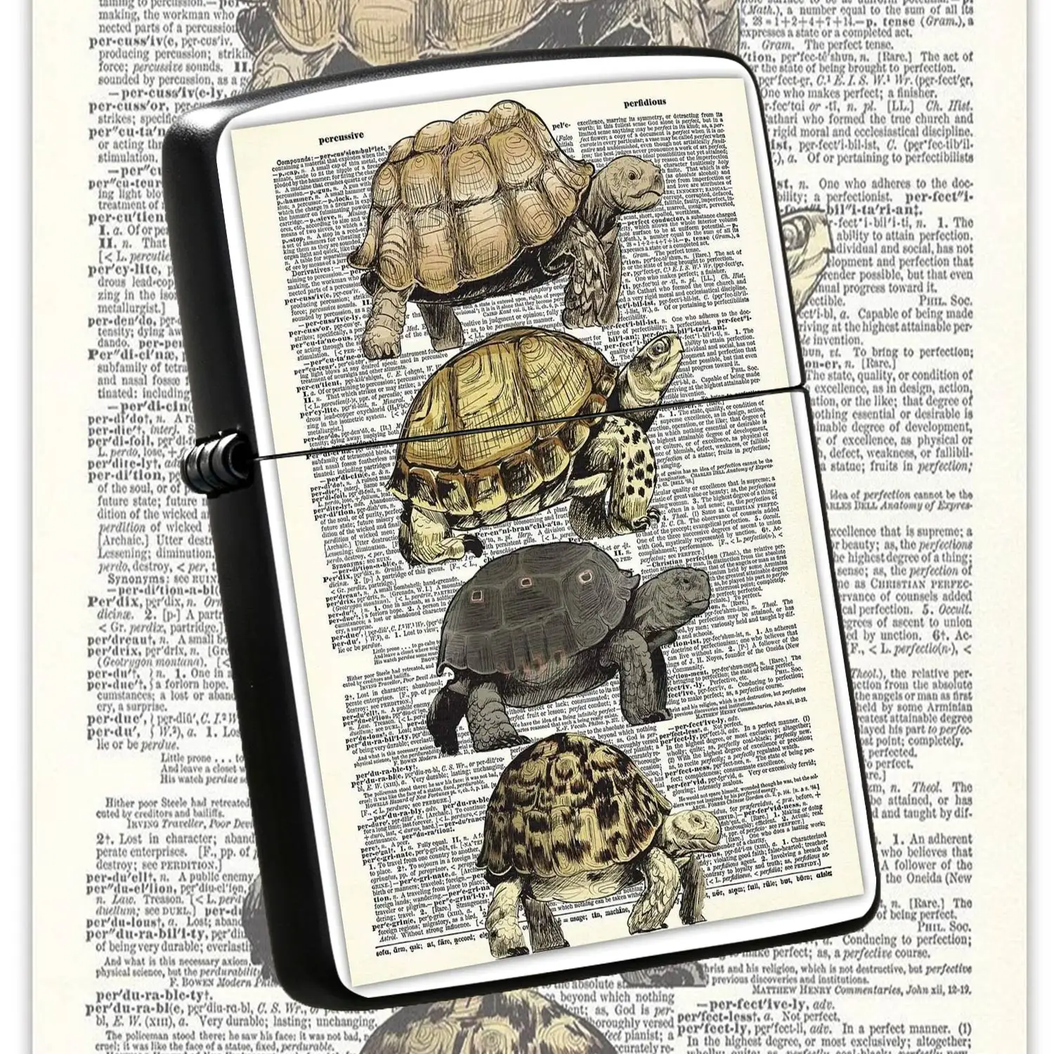 Vintage Tortoise Dictionary Print Lighter, Retro 4 Land Turtles Art Pattern Decorative Lighter, Creative Unique Stylish Appearance, Ideal For Daily Multi-Scene Use, Exquisite Distinctive Gift For Friends And Hobbyists, A Humorous And Intere