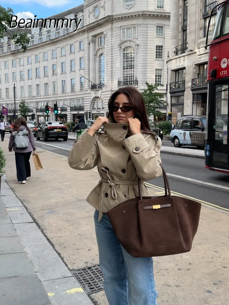 

Fashion Solid Women's Trench Coat Lapel Full Sleeve Lace Up Double Breasted Coats Lady Autumn Daily Commuting High Street Outfit