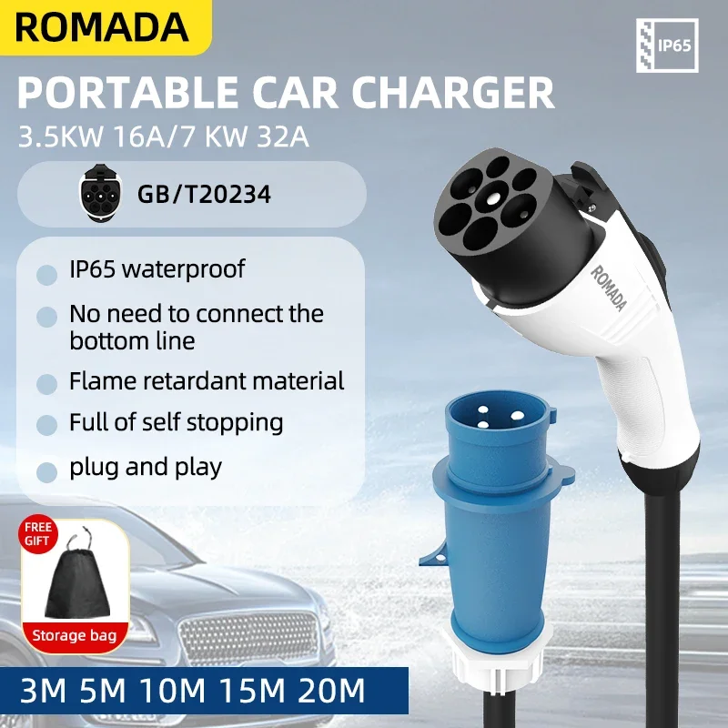 For Electric Vehicle 7KW 32A EV Portable Charger 3M 5M 10M 15M 20M Cable GB/T20234 EVSE CEE Plug Wallbox Adapter