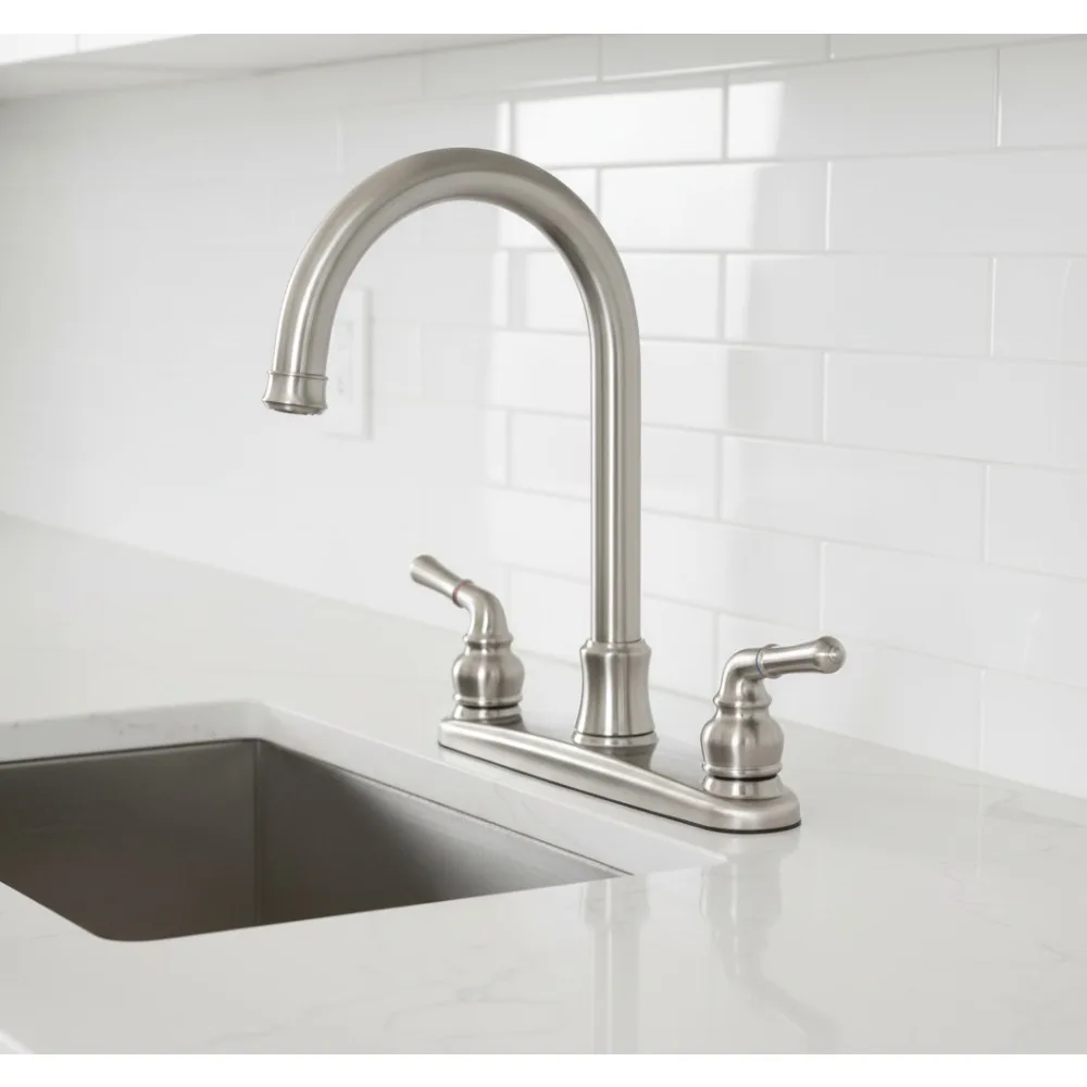

8-Inch Centerset Kitchen Faucet with Sprayer, Brushed Nickel Finish, High Flow Rate for Modern Homes