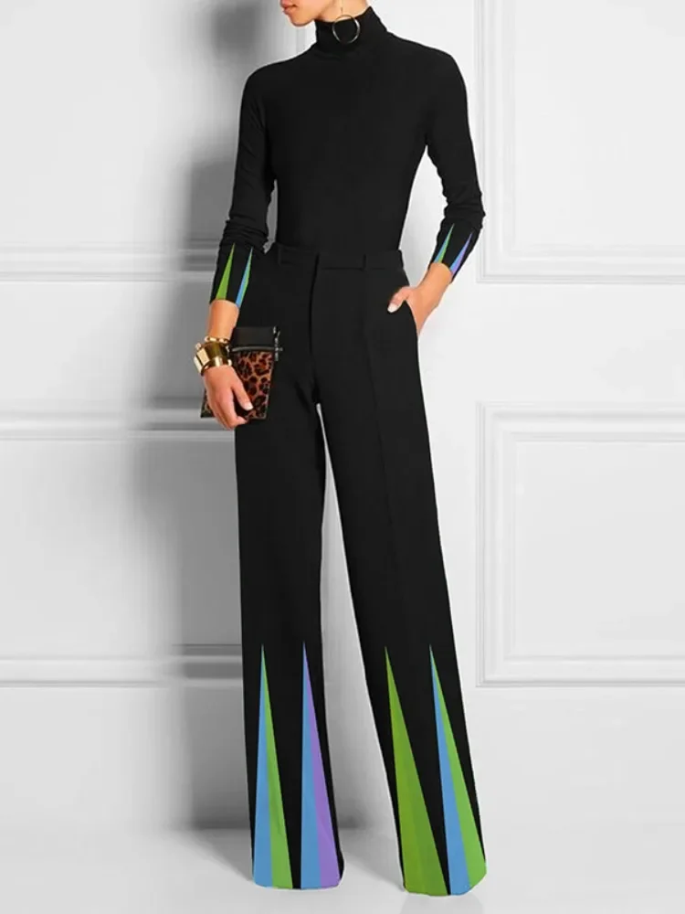 Yeezzi 2025 New Women Fashion Striped Two Piece Sets Long Sleeves Skinny High Neck Tops Elastic High Waisted Straight Leg Pants