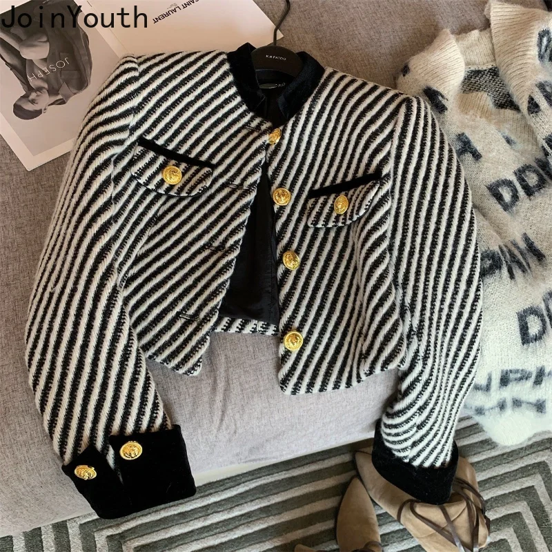 Korean Temperament Jackets Women Stand Neck Long Sleeve Striped Outwear Cropped Tops Slim Fashion Vintage Chic Coat Ropa Mujer