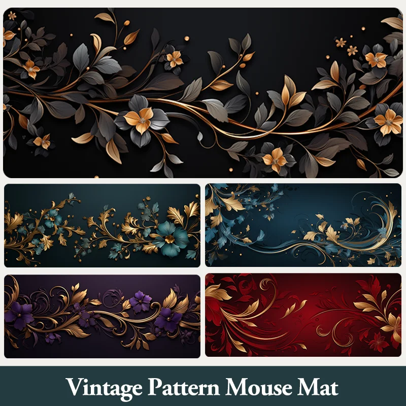 Large Size Vintage Pattern 700x300MM Mouse Pad Neoprene Rubber With Top Fabric Game Mat Gold Flower Table Cover