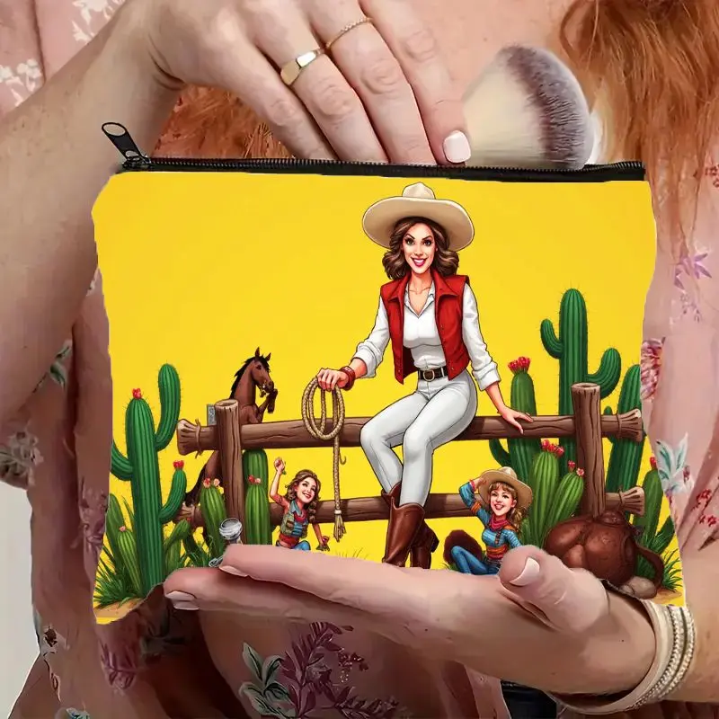 Western Cowgirl Print Makeup Bag - Cowgirl & Horse Desert Scene Zippered Cosmetic Pouch, Toiletry Organizer with Rodeo Theme