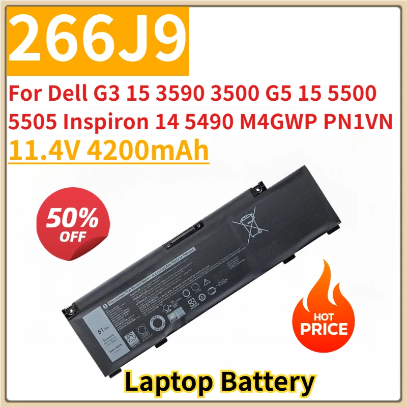 

New Replacement Laptop Battery 11.4V 4200mAh 266J9 for Dell G3 15 3590 3500 G5 15 5500 5505 Inspiron 14 5490 M4GWP PN1VN