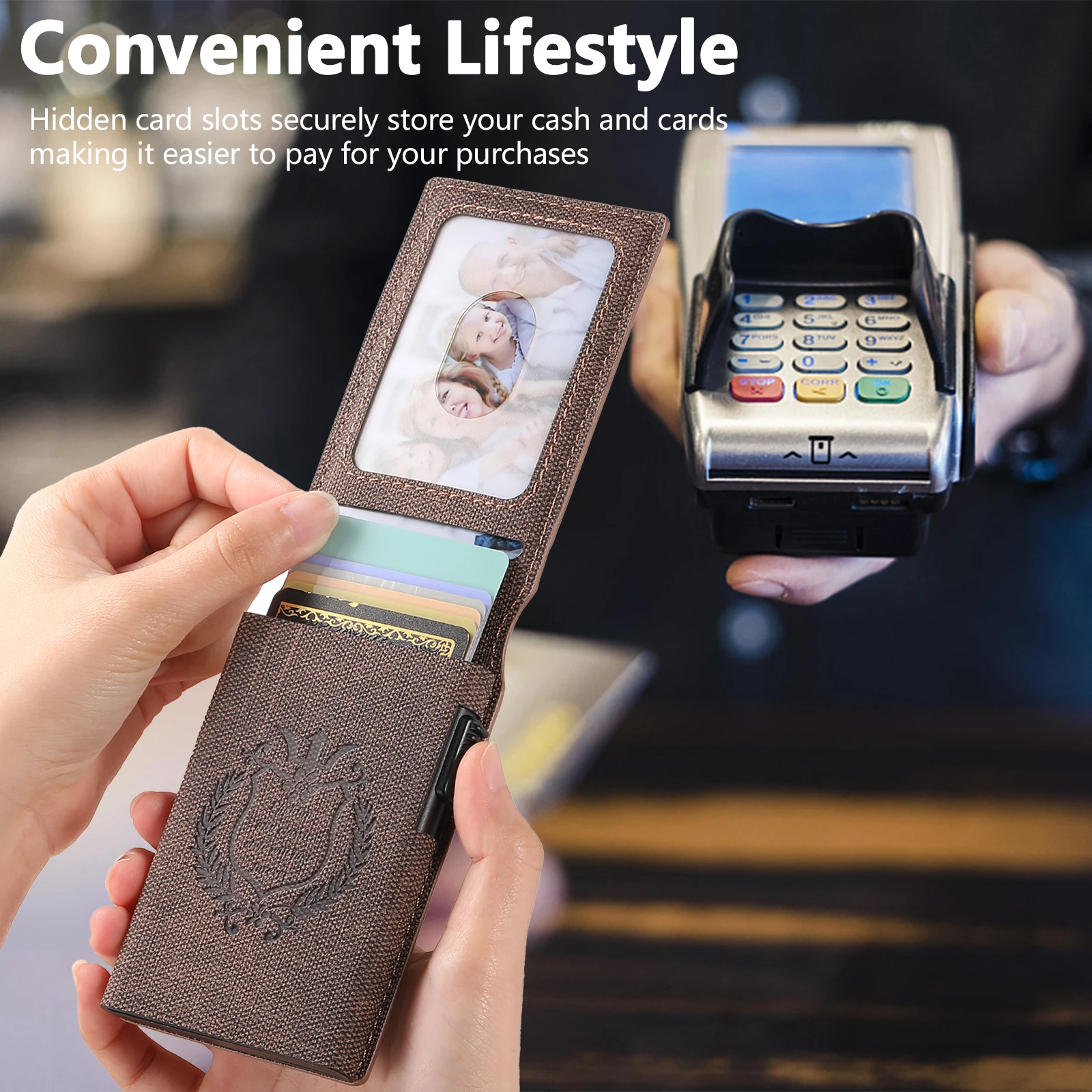 SUTENI Kunstleder für Herren, Geldbörse, Kartensteckplatz, Geldbörse, Flip-Cover, Kartenbox, drückt den Knopf automatisch die Karte aus – Detail 8