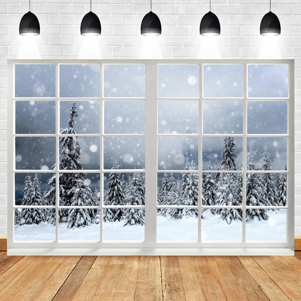 Winter Window Photography Background Christmas Pine Tree Snow Scenery Home Decoration Baby Family Portrait Backdrop Photo Studio