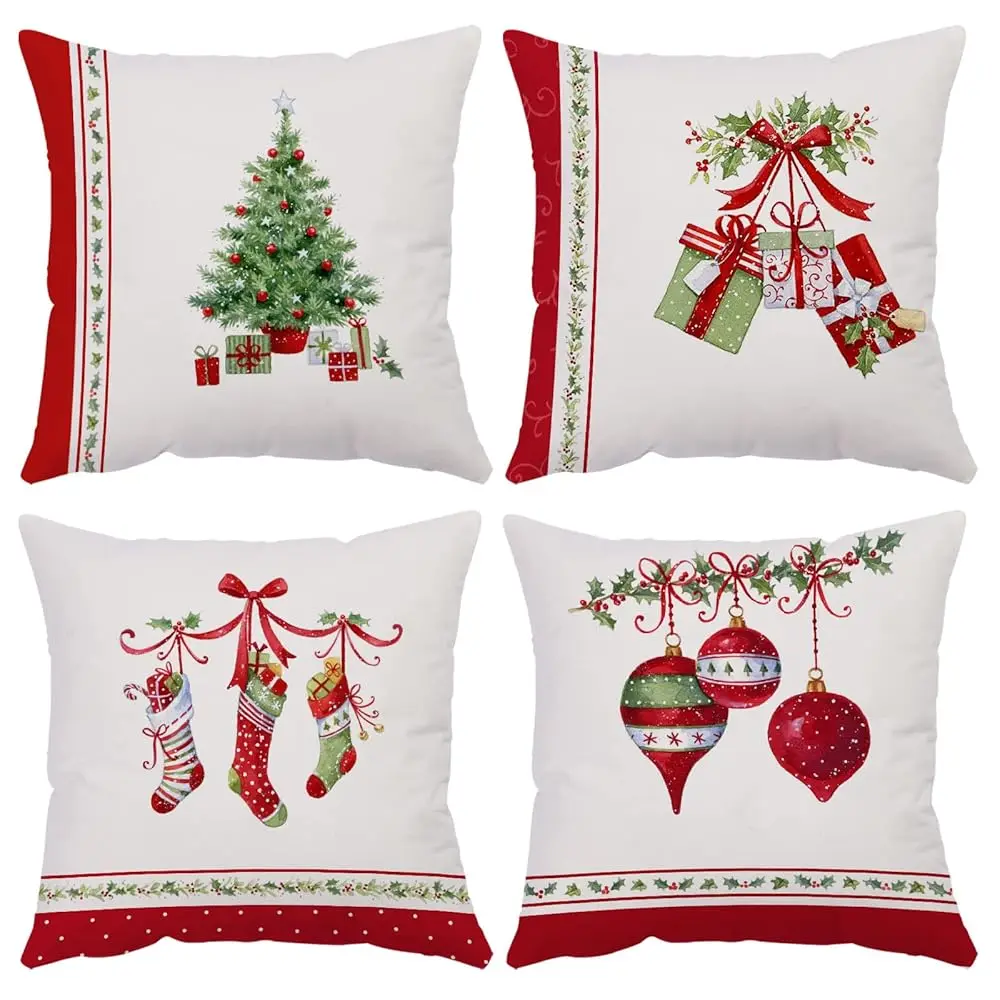 

Set Of 4 Merry Christmas Decorative Throw Pillow Covers Winter Holiday Xmas Velvet Pillow Cases Christmas Trees Socks Cushion