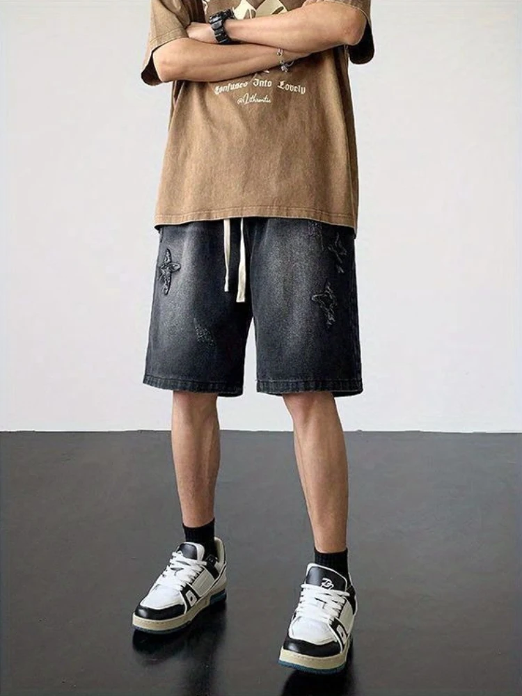 Men's Summer Embroidery Denim Shorts with Elastic Waistband for Outdoor Activities and Mid-Length High Street Fashion Wear