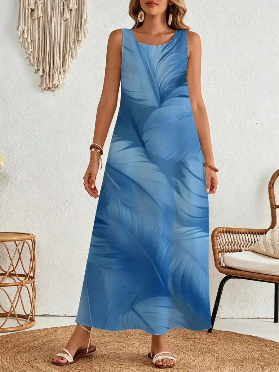 

Sleeveless Maxi Dress Blue Tropical Leaf Print Summer Beach Vacation Wear