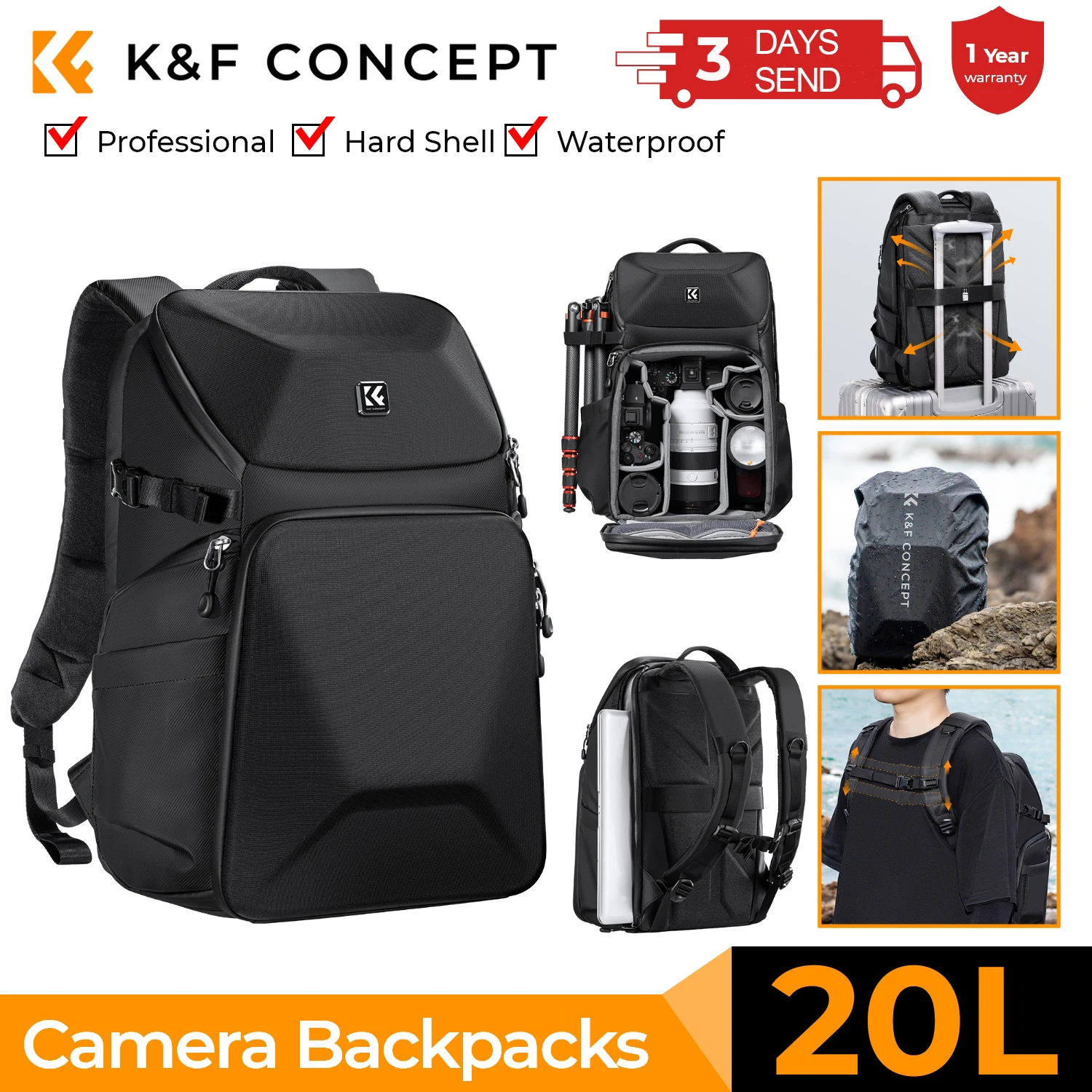 

K&F Concept 20L Outdoor Camera Backpack HardShell 15.6" Laptop Tripod Camera Bag For Canon Nikon Sony Xiaomi SLR Portable Travel