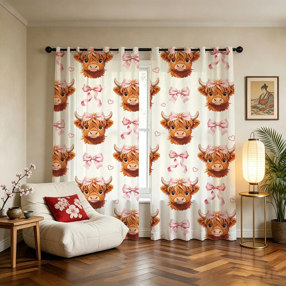 Christmas Highland Cow Print 2 Panels Curtains Printed Darkening Curtains Light Blocking Rate 85% Kids Holiday Decor Curtains