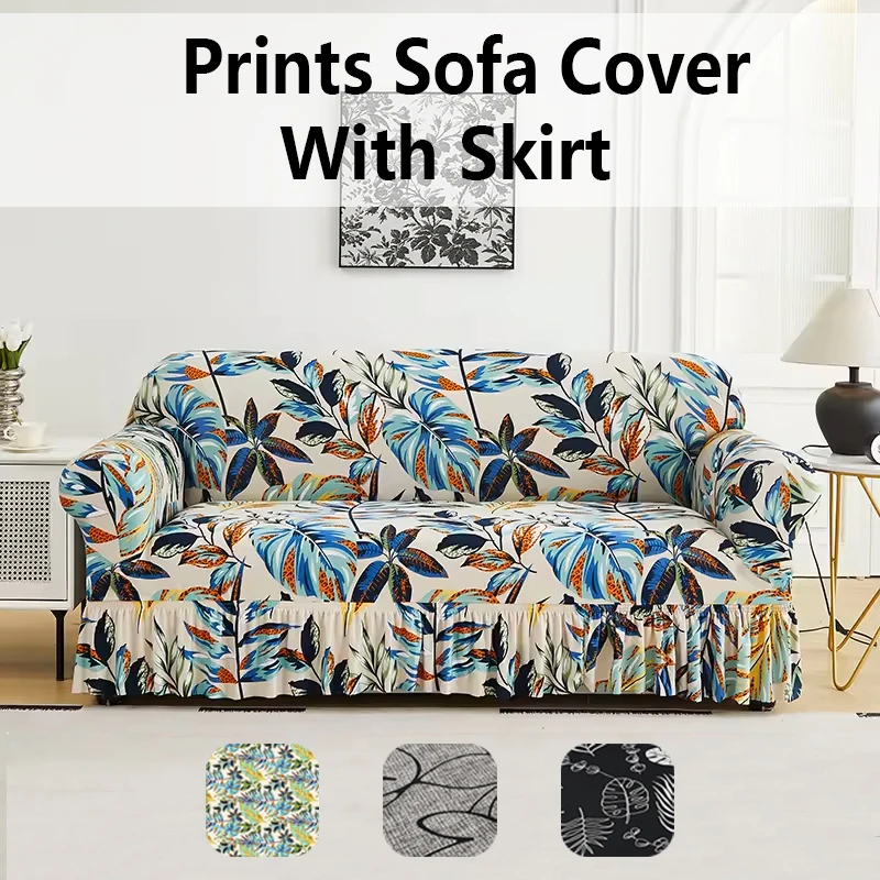 

1pc Printed Skirt Sofa Cover, elastic, anti-slip. Simple, modern, all-season, dust & cat-proof. Retractable, washable, durable.