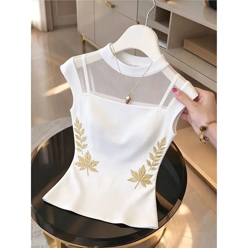Elegant National Style Sleeveless Top Women's Slimming Stand Collar Mesh Splicing Slimming Personality Base Small Shirt