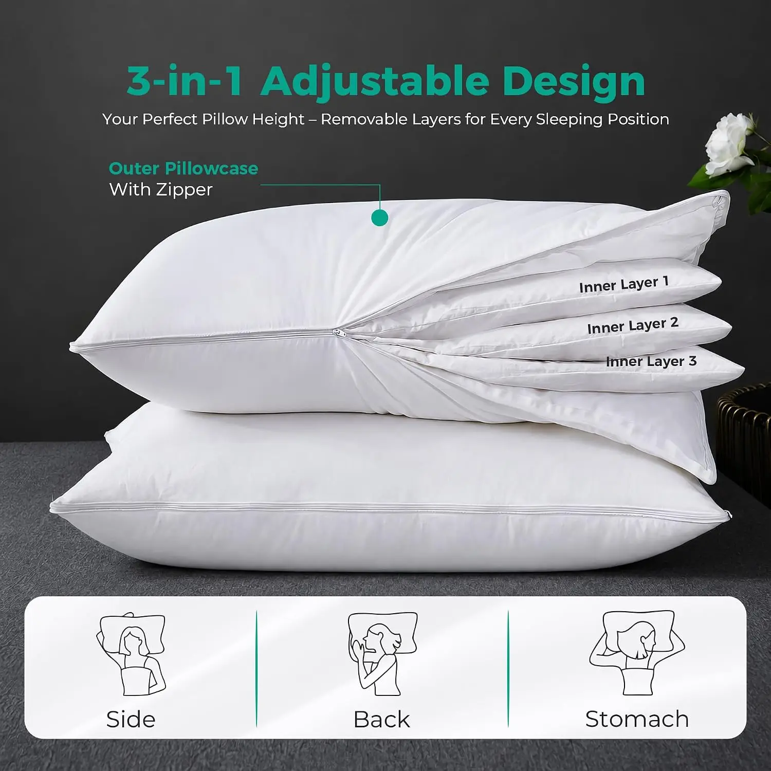 Adjustable Layer Goose Feather Pillow, Assemblable Bed Pillow, 100% Soft Cotton Cover, Good For Side And Back Stomach Sleeper