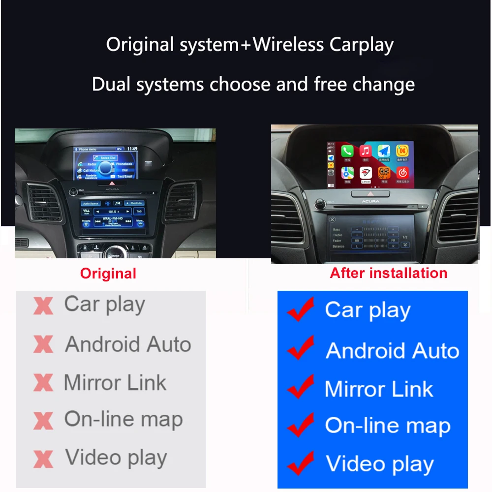 Adaptador Carplay inalámbrico Android Auto 2 en 1 OEM Linux modelo Universal enchufe y enchufe de coche actualización en línea para Acura MDX 2014 2017