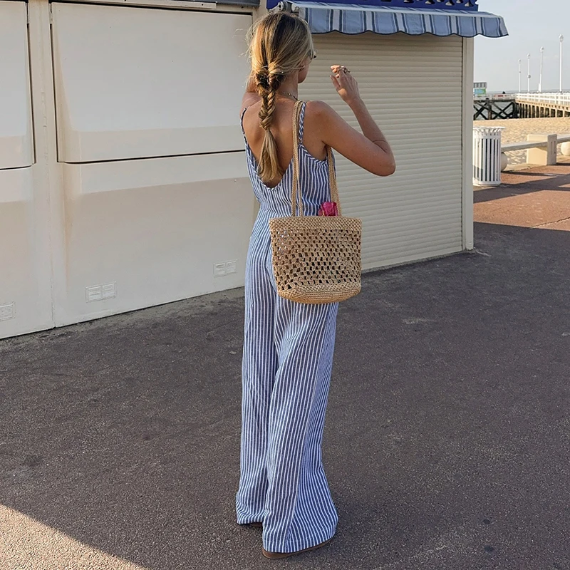 Biikpiik Casual Gestreepte Jumpsuits Vakantie Backless Vrouwen Rompertjes Loungewear Slim Fit Overalls Strandstijl Zomeroutfit