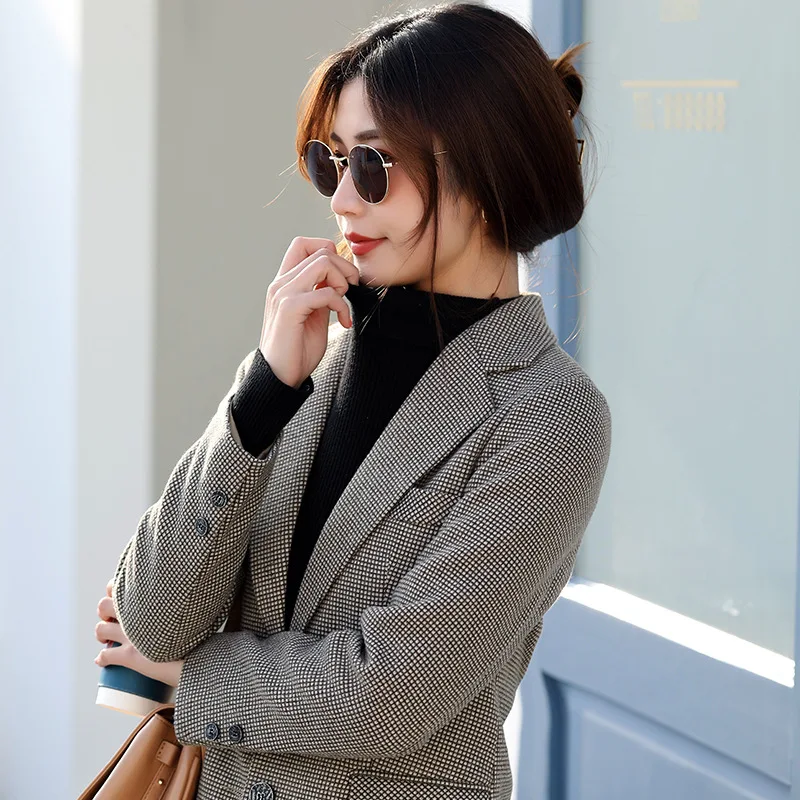 

Женский твидовый пиджак в клетку для весны и осени, приталенный, в стиле ретро, для деловых встреч и повседневной носки