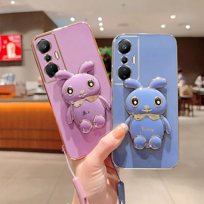 Phone Case for Infinix Hot 20 Infinix Hot 20i Infinix Hot 20 Play Hot 20s Plating Square Rabbit Holder With Landyard Case Cover