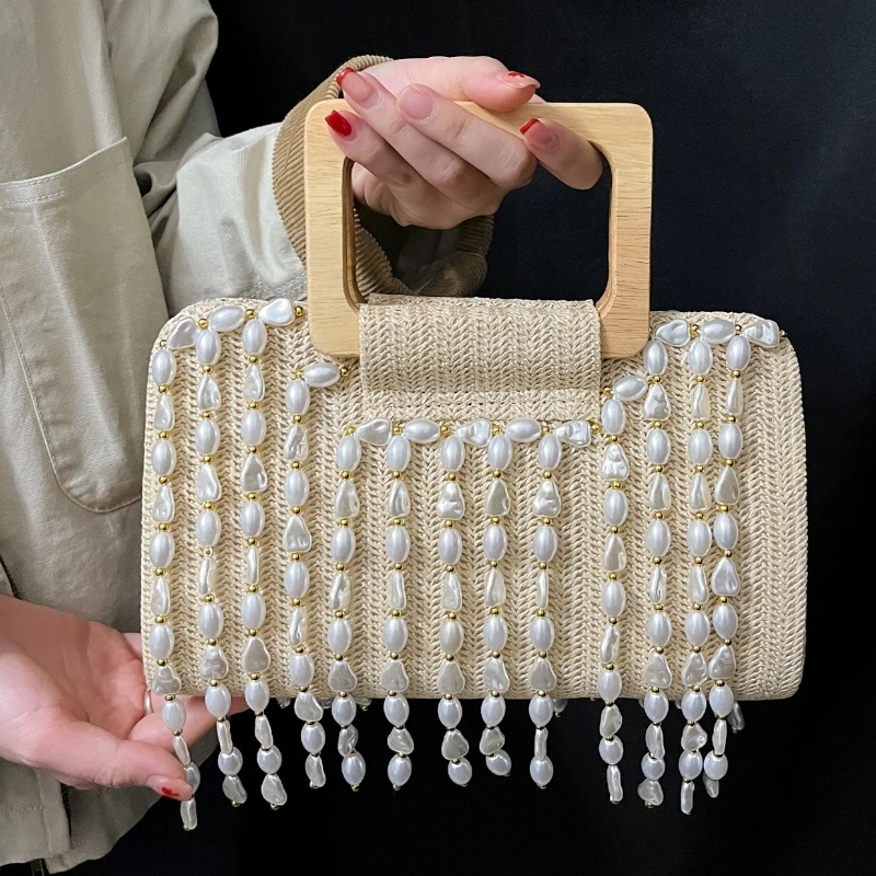 French Style Summer Woven Straw Bags with Pearl Tassel Trend Wooden Handle Women's Vacation Beach Bag Party Banquet Handbag