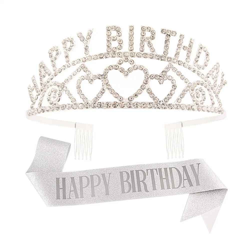 Alles Gute zum Geburtstag, Tiara und Schärpe, Roségold, glitzernde Satin-Schärpe und Stirnband für Mädchen und Frauen, alles Gute zum Geburtstag, Party-Dekorationen, Zubehör – Detail 3