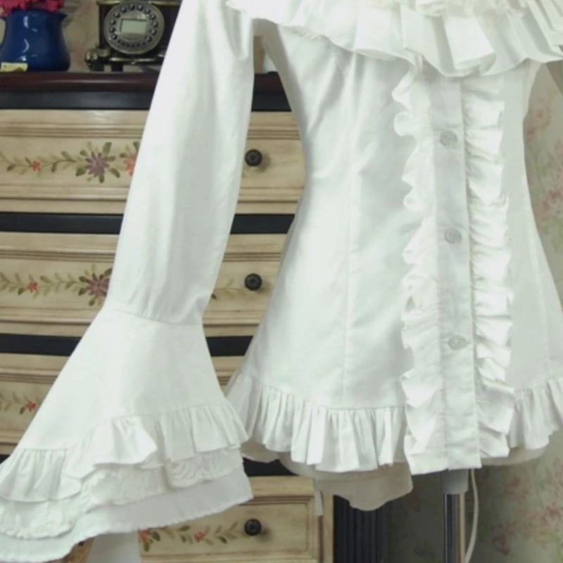 Japonês rendas retalhos lolita manga alargamento camisa outono y2k estética único breasted blusa feminina jk fino ajuste babados blusas