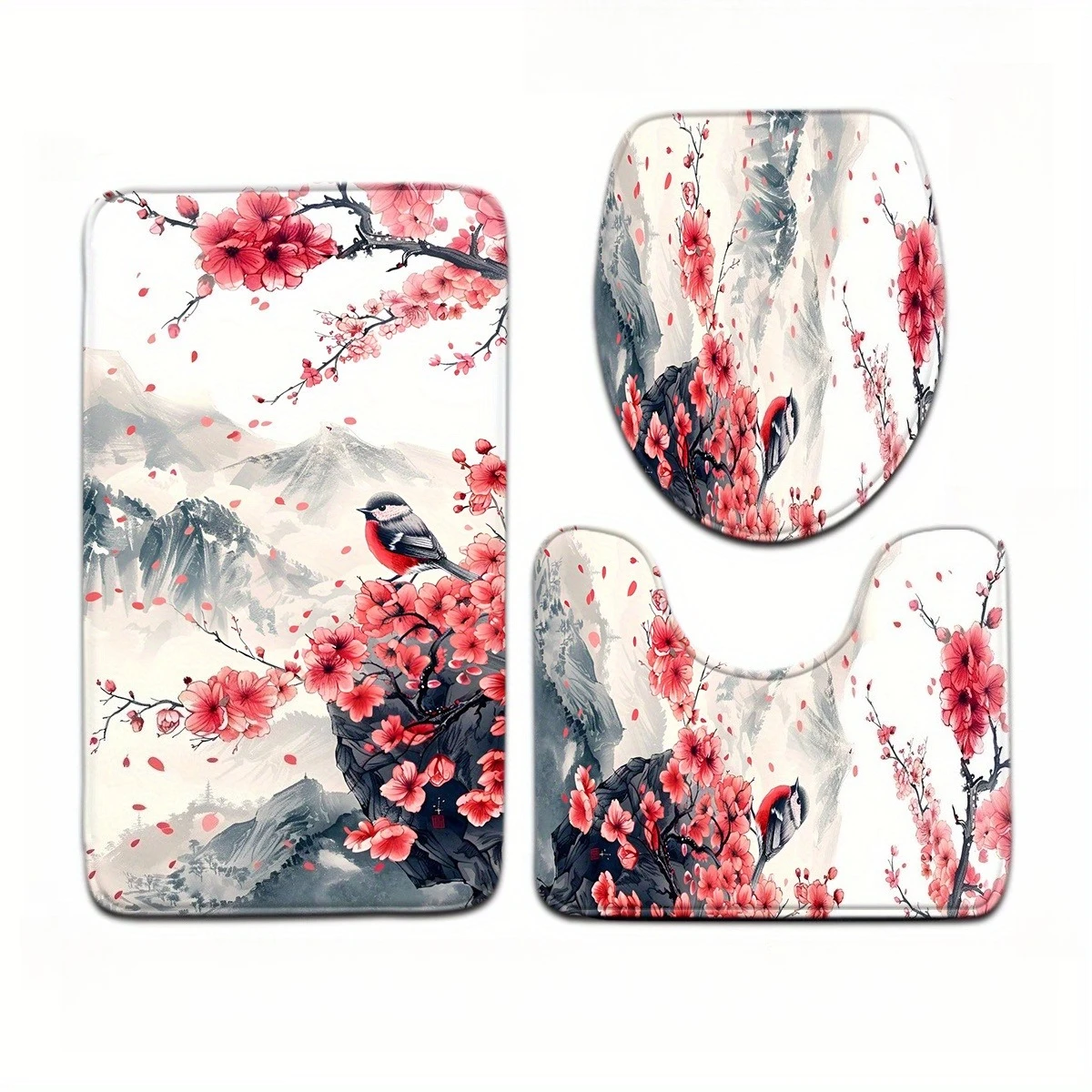 

3 шт., традиционная китайская роспись тушью, узор с цветком сливы, набор ковриков для ванной комнаты, чехол на сиденье для унитаза, U-образная подставка для ног