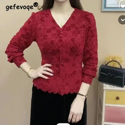 Women's Clothing Lace Elegant Single Breasted Cardigan Korean Fashion V Neck Long Sleeve Office Lady Blouses Solid Slim Fit Tops