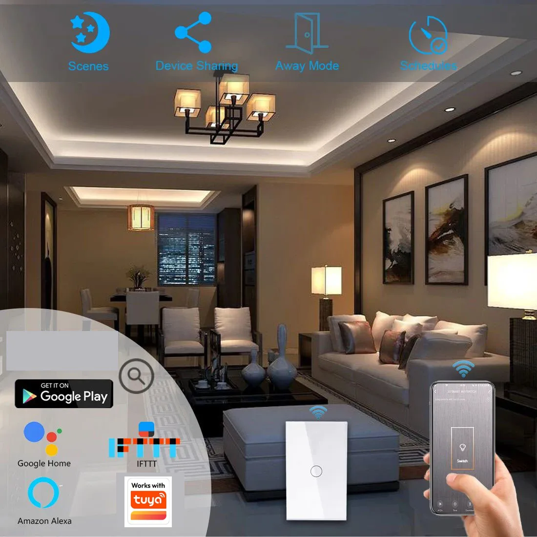 Works With Tuya APP US WiFi Smart Wall Switch RF433 1/2/3 Gang No Neutral Wire Touch Sensor LED Light Switches Smart Home Alexa