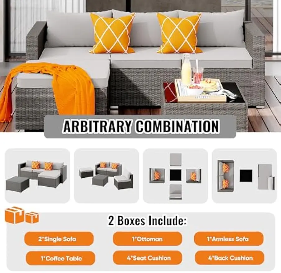 Patio Conversation Set All Weather Patio Sofa Manual Weaving Wicker Rattan Sectional Sofa with Washable Cushions & Glass Table