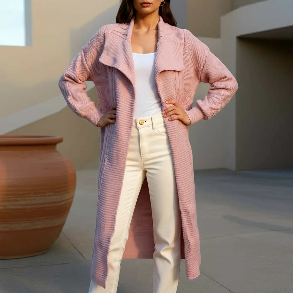 

Autumn Winter Lightweight Cardigans Women's Chic Cable Knit Long Open Front Lapel Collar Casual Duster