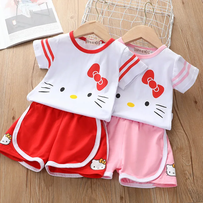 Hello Kitty New Children\'s Clothing Summer Girls Cute Cat Print Two-piece Children\'s Cotton Round Neck T-Shirt + Shorts Set