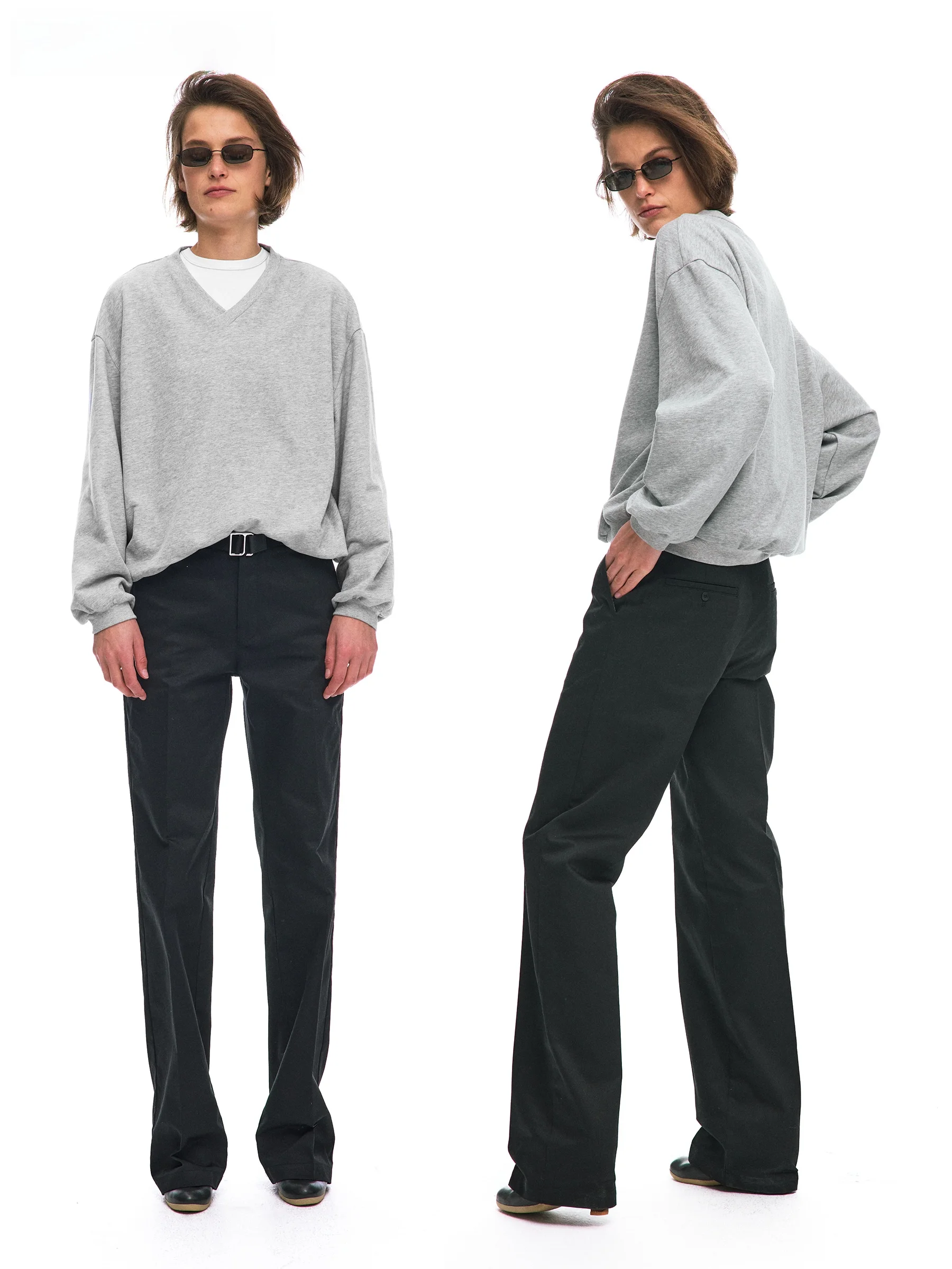 

Свитшот с V-образным вырезом и спущенным плечом, женский повседневный пуловер с длинными рукавами, из смесового хлопка и полиэстера