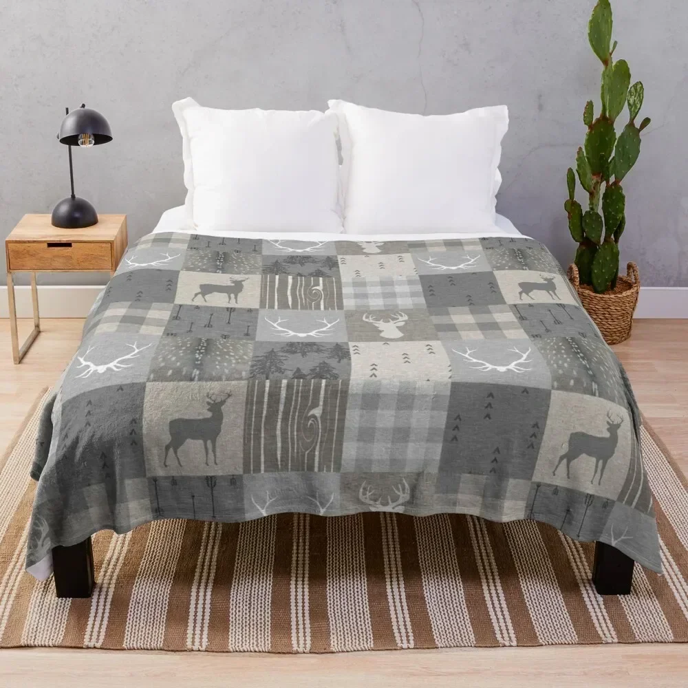 Rustic Woodland Patchwork - grey and beige Throw Blanket Tourist Camping for sofa Thermal Blankets