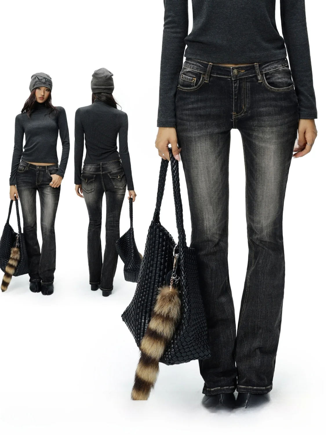 

Audwyn Slim Fit Bell Bottom Denim Jeans Women's Autumn Winter New Style Elastic Slimming Washed out Long Pants Street Style