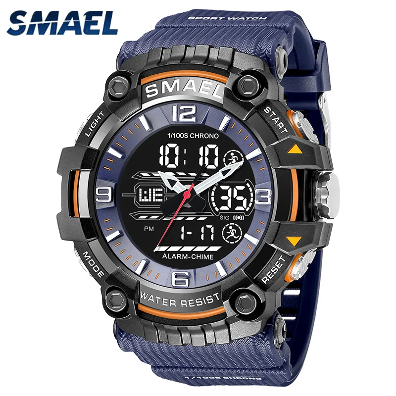 

Fashion Smael Top Brand Men Sport Alarm 50m Waterproof 8089 Men's Quartz Led Digit Multifunctional Dual Movement Sports Watches