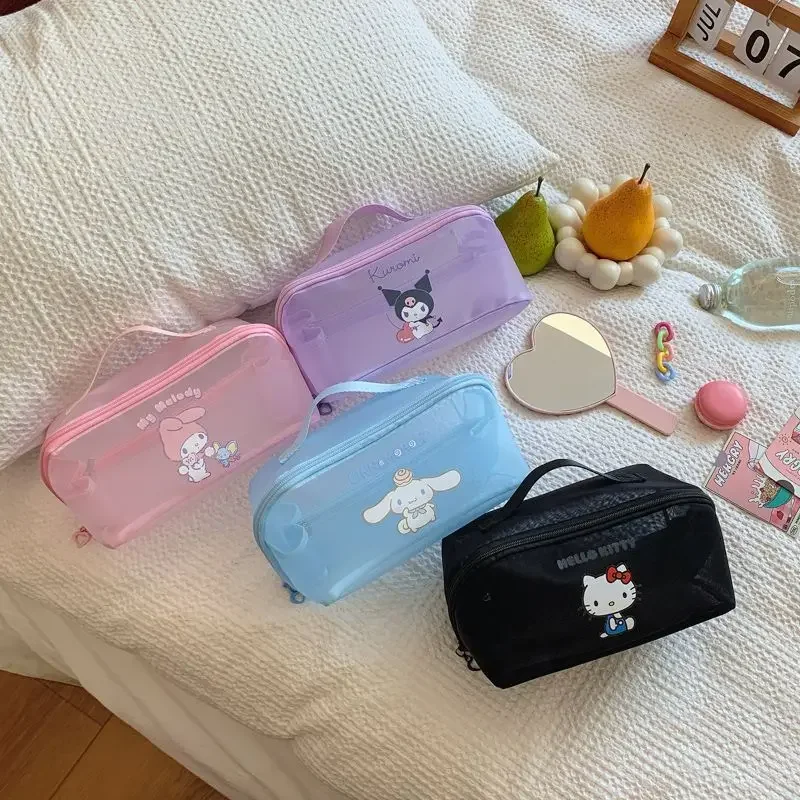 Miniso Hello Kitty borsa My Melody Mesh Makeup Bag grande capacità Kawaii portatile universale da viaggio articoli da toeletta