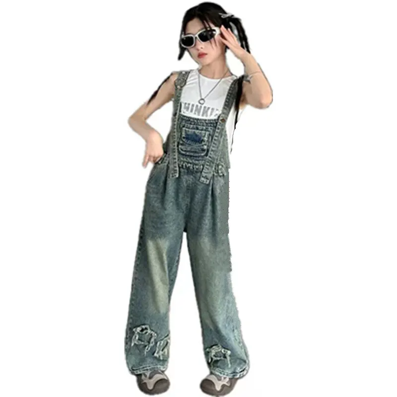 

New Fashion 2024 Summer Kids Jumpsuit Suit Sleeveless Top+Denim Jumper Overalls Pants for Children Suspenders Jeans Clothes Sets