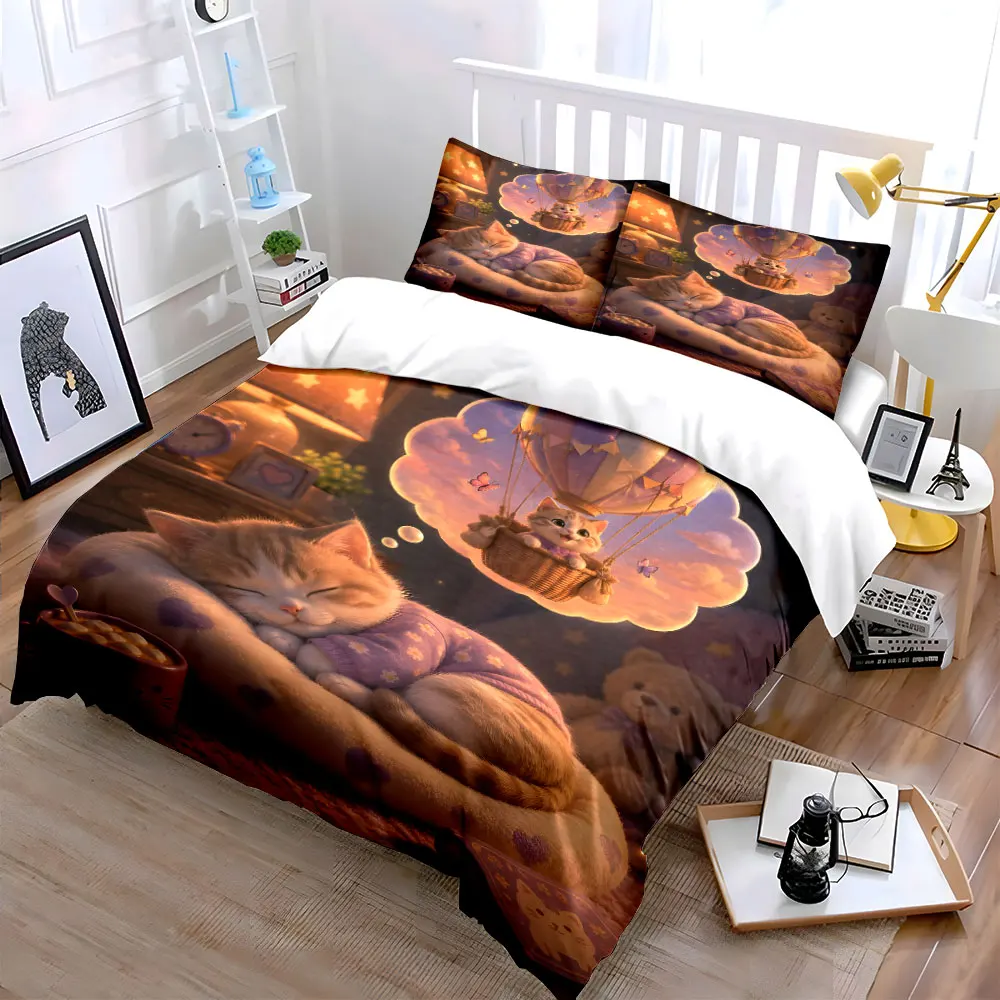 3pcs Dreamy Hot Air Balloon Cat Journey Duvet Cover Set with 3D Printing Design Soft Polyester Bedding Set All-Season Comfort