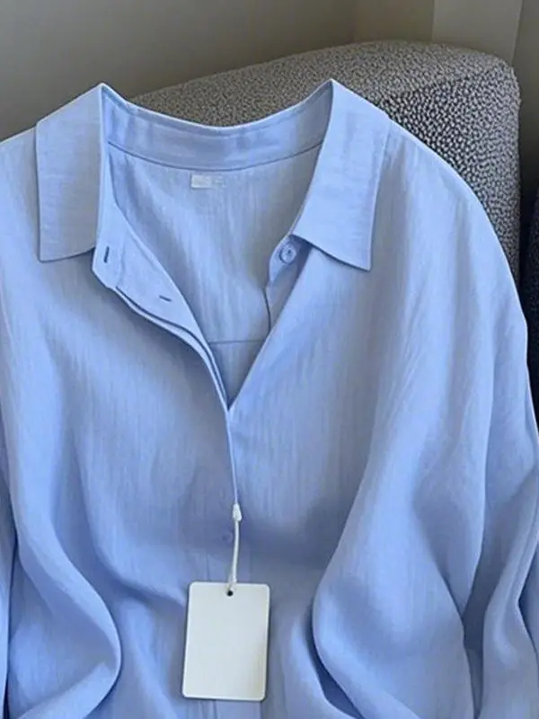 Blue Linen Loose Casual Women's Shirt Spring New Style Slimming Sun Protection Korean Style Commute Regular Sleeve Long Shirt 2