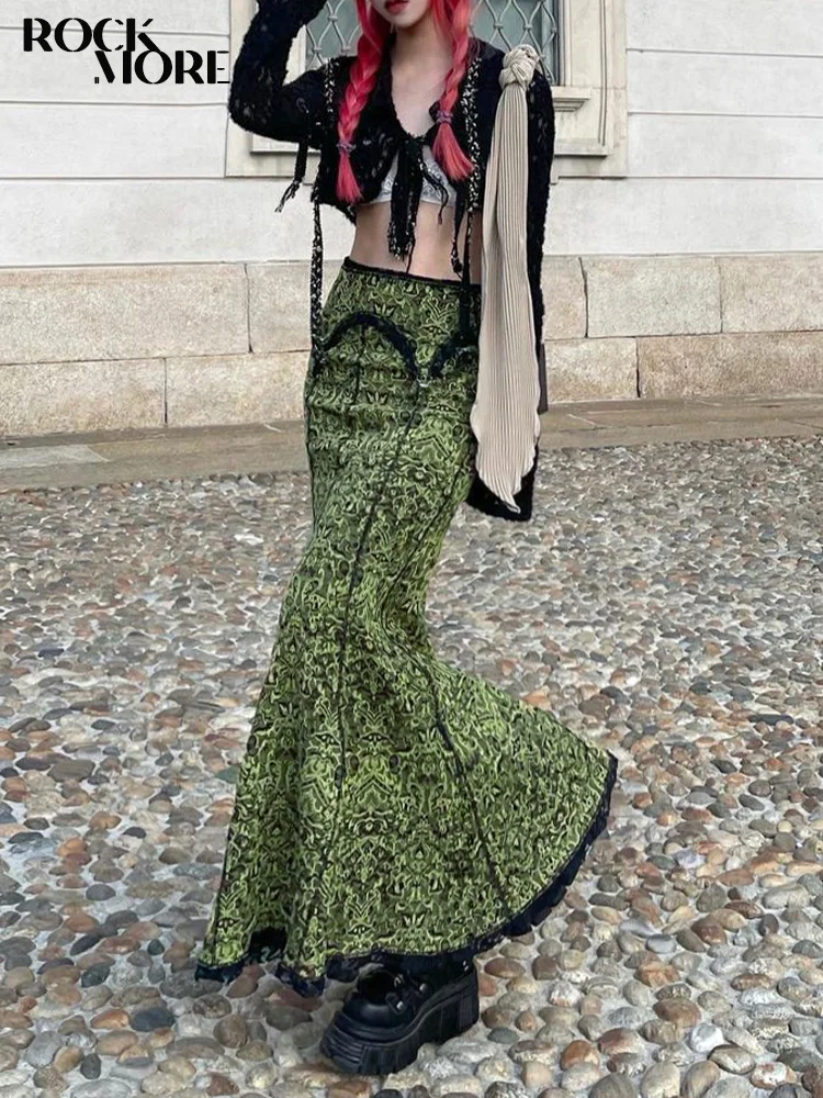 Rockmore Vintage Mermaid Skirts Woman Y2K Aesthetic High Waist Maxi Skirt Harajuku 90s Retro Long Green Outfits Grunge Fairycore